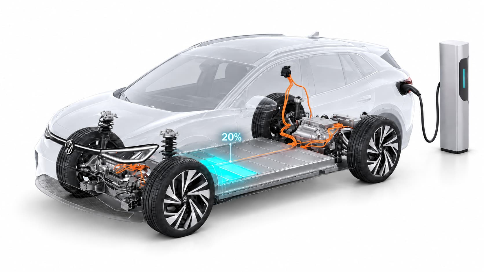 Volkswagen ID.4 em recarga rápida, com a bateria em destaque