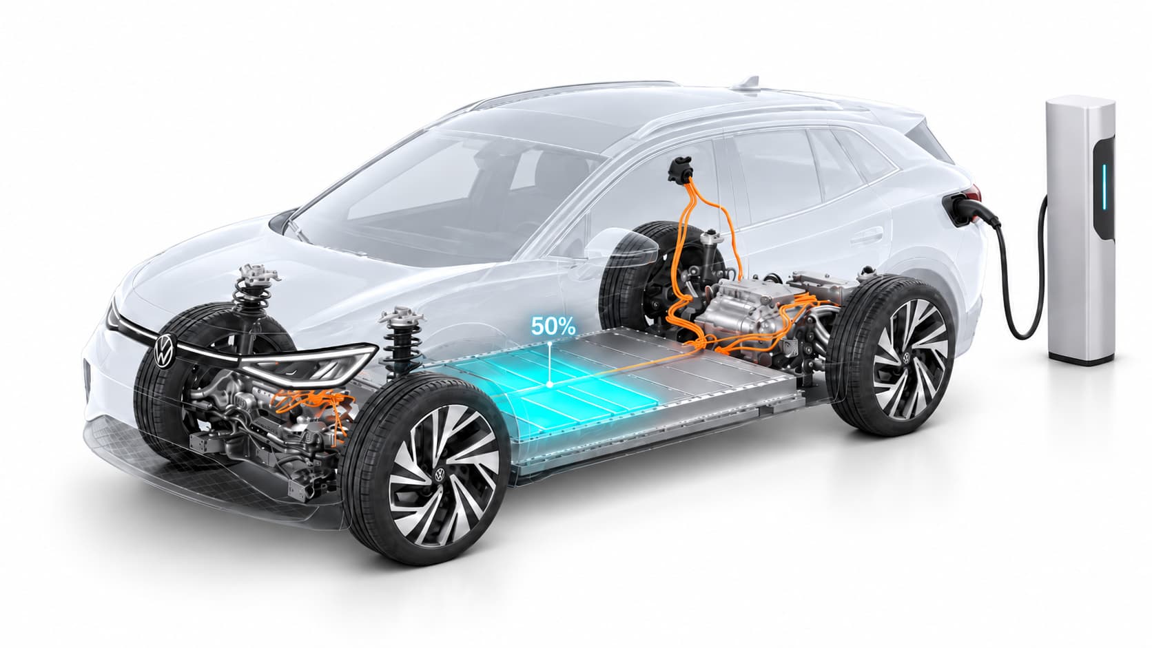 Volkswagen ID.4 em recarga rápida, com a bateria em destaque