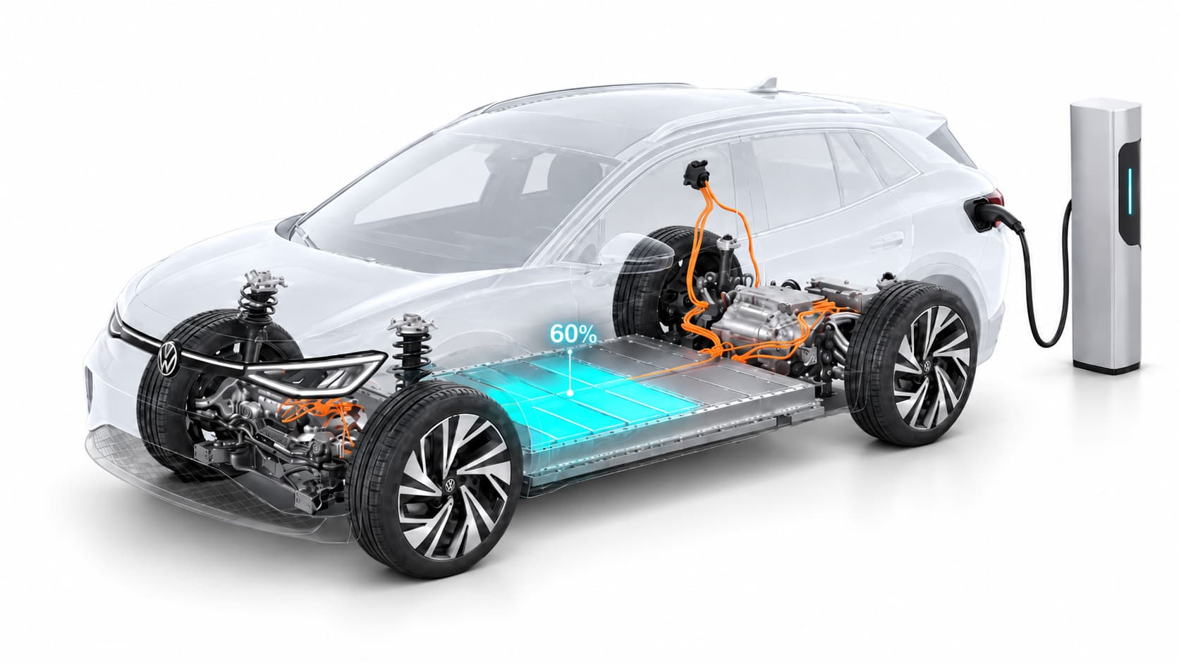 Volkswagen ID.4 em recarga rápida, com a bateria em destaque