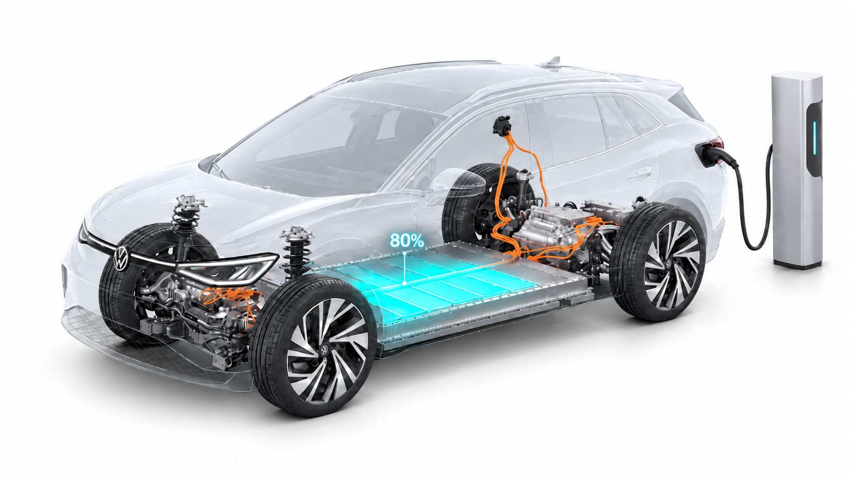 Volkswagen ID.4 em recarga rápida, com a bateria em destaque