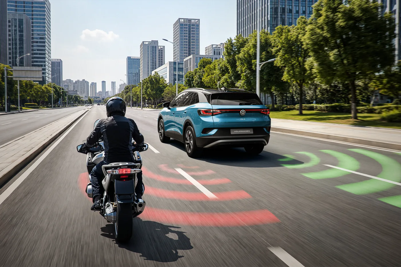 Volkswagen ID.4 com o Side Assist detectando uma moto ao lado